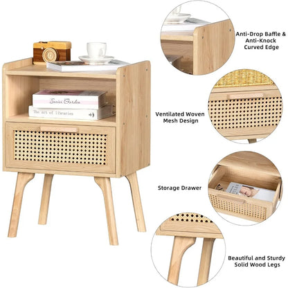 Rattan Nightstand with Drawer and Open Shelf