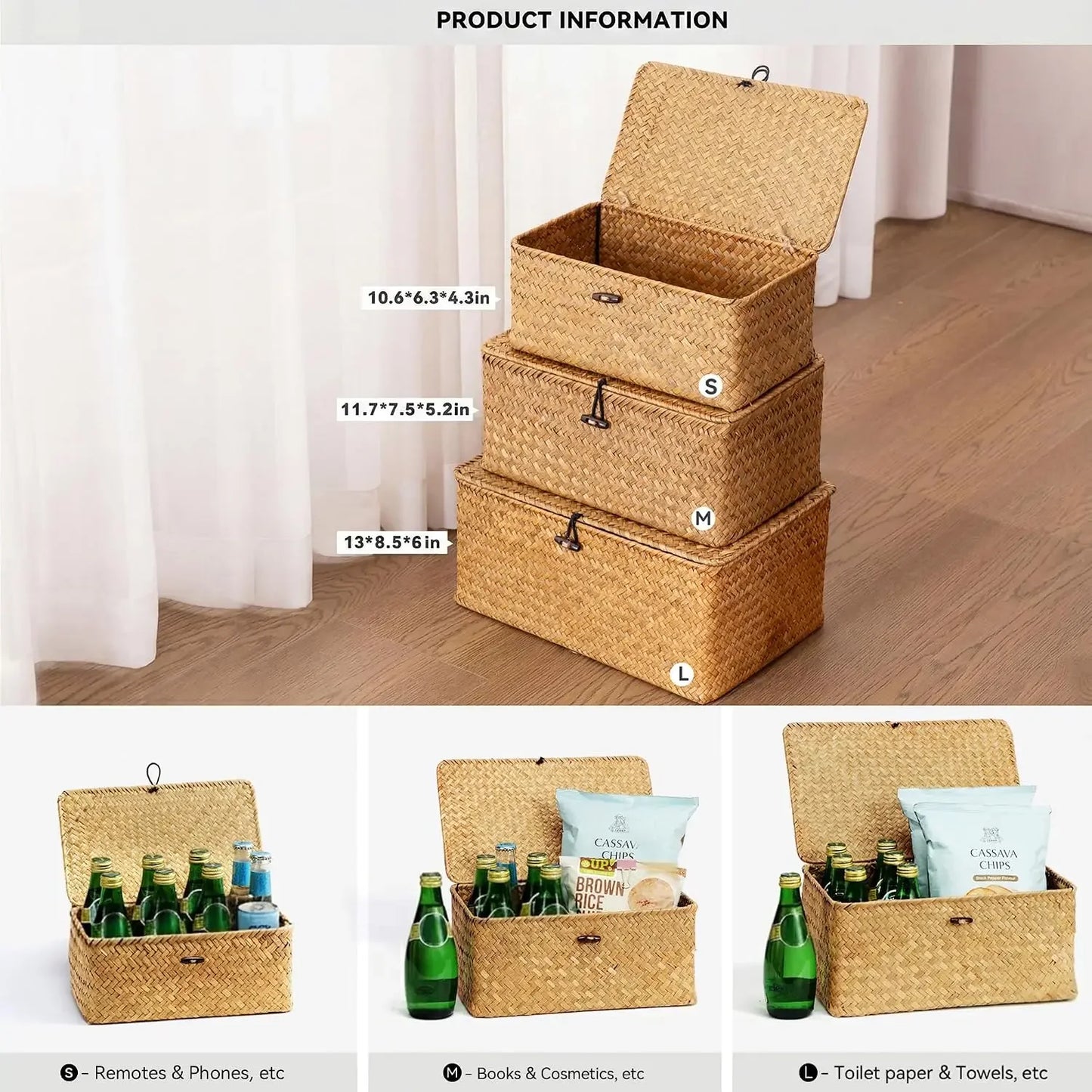 Natural Seagrass Bin with Lid Set of 3