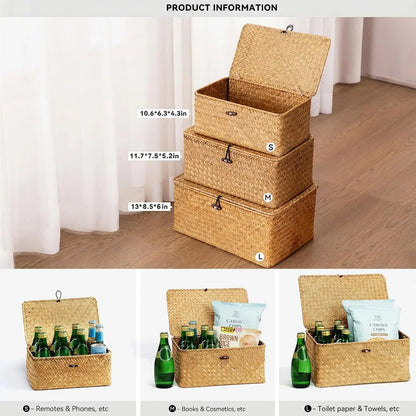 Natural Seagrass Bin with Lid Set of 3
