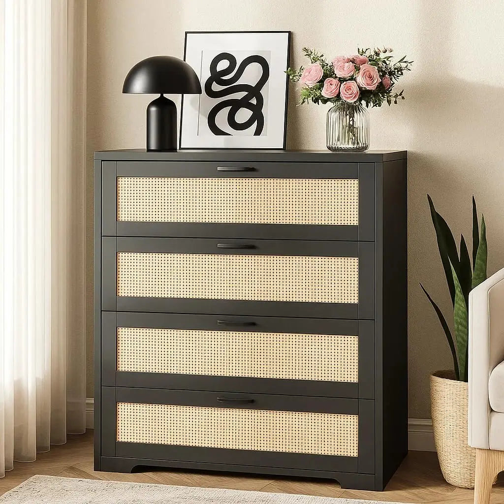 4 Drawer Wooden Rattan Dresser