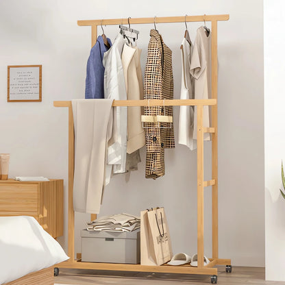 Bamboo Clothes Rail Rack on Wheels Free Standing