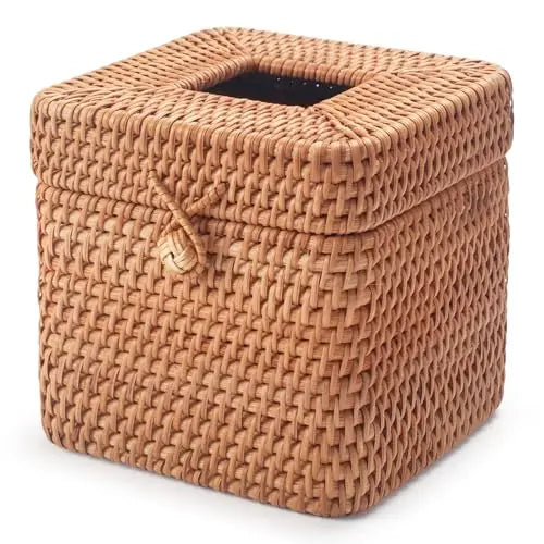 Handwoven Natural Rattan Square Tissue Box With Lid