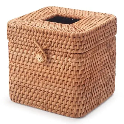 Handwoven Natural Rattan Square Tissue Box With Lid