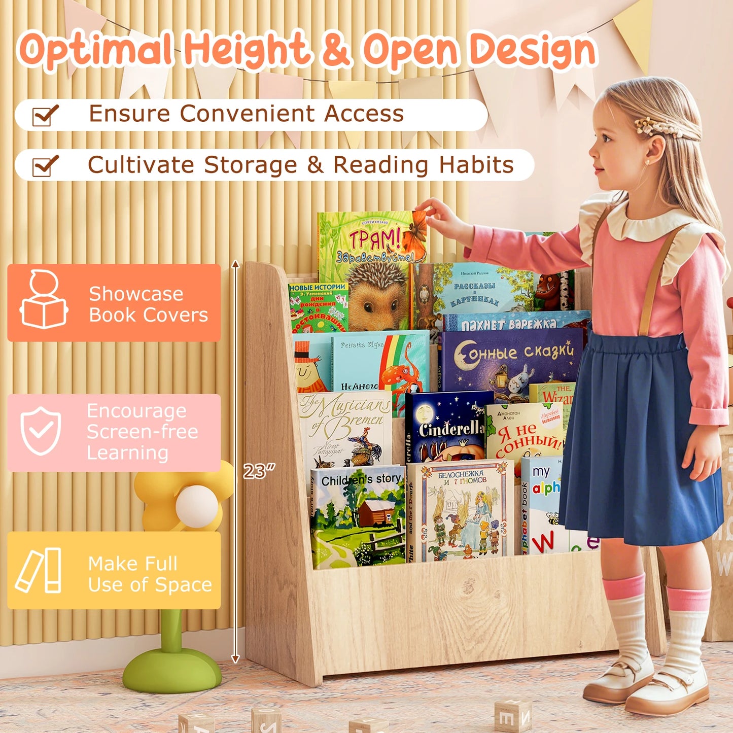 Toddlers Bookshelf Rack Deep Shelves Natural 4-tier