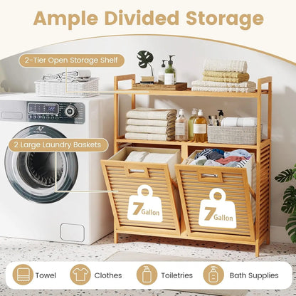 Double Tilt Out Laundry Hamper w/2-Tier Storage Shelf