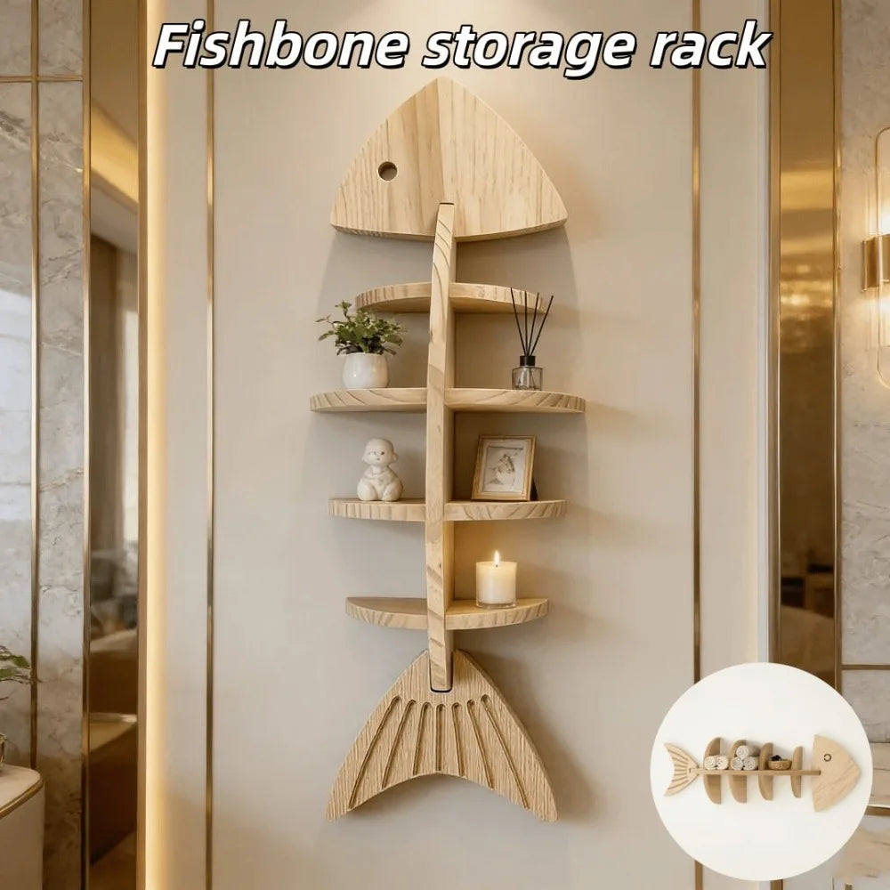 1pcs Creative Wooden Fishbone Wall Storage Shelf
