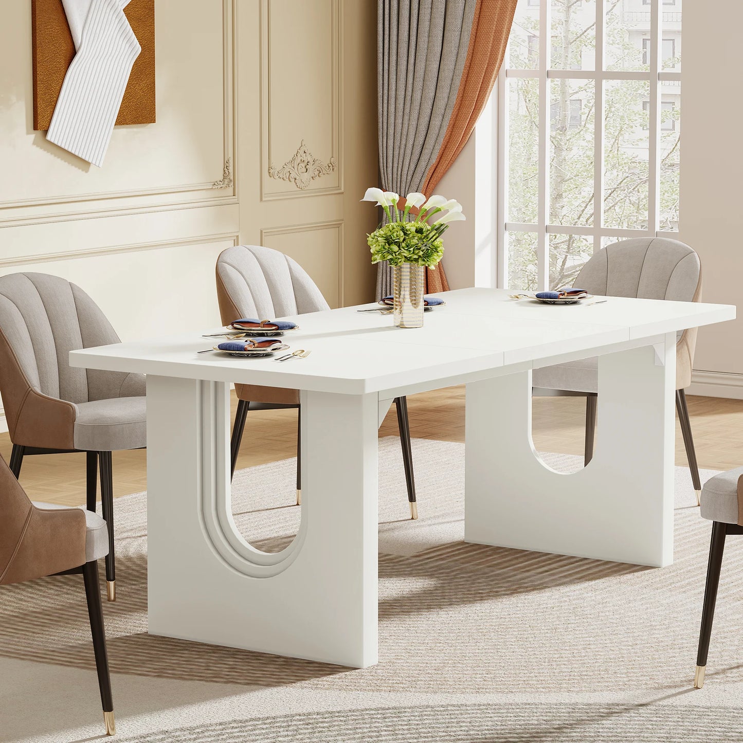 Modern Dining Table with Wood Pedestal Base,
