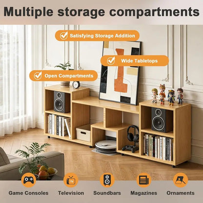 Walnut 65-inch TV Stand with Storage and Open Shelves for Large City Living, Bedroom, or Sofa Area, Easy Assembly