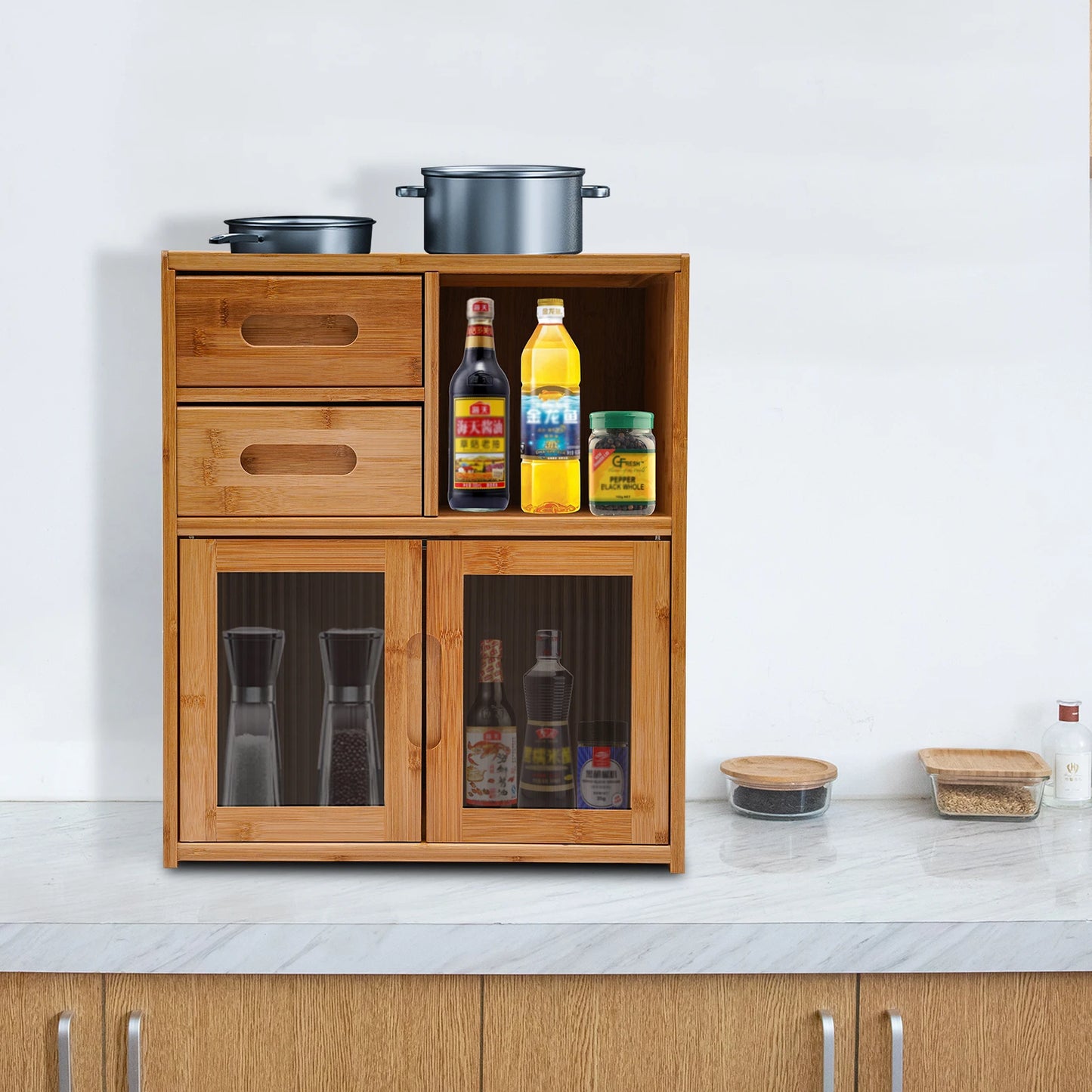 2-Tier Bamboo Kitchen Storage Cabinet with Drawers