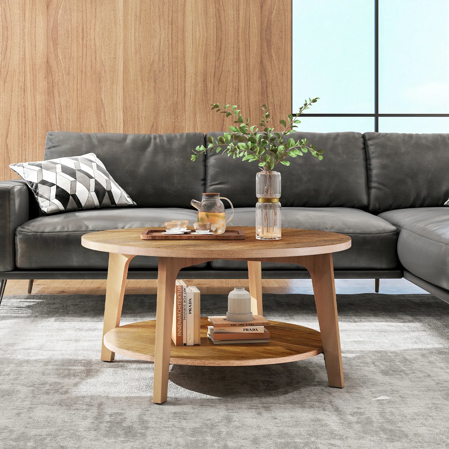 Wood Round Coffee Table for Living Room with Storage