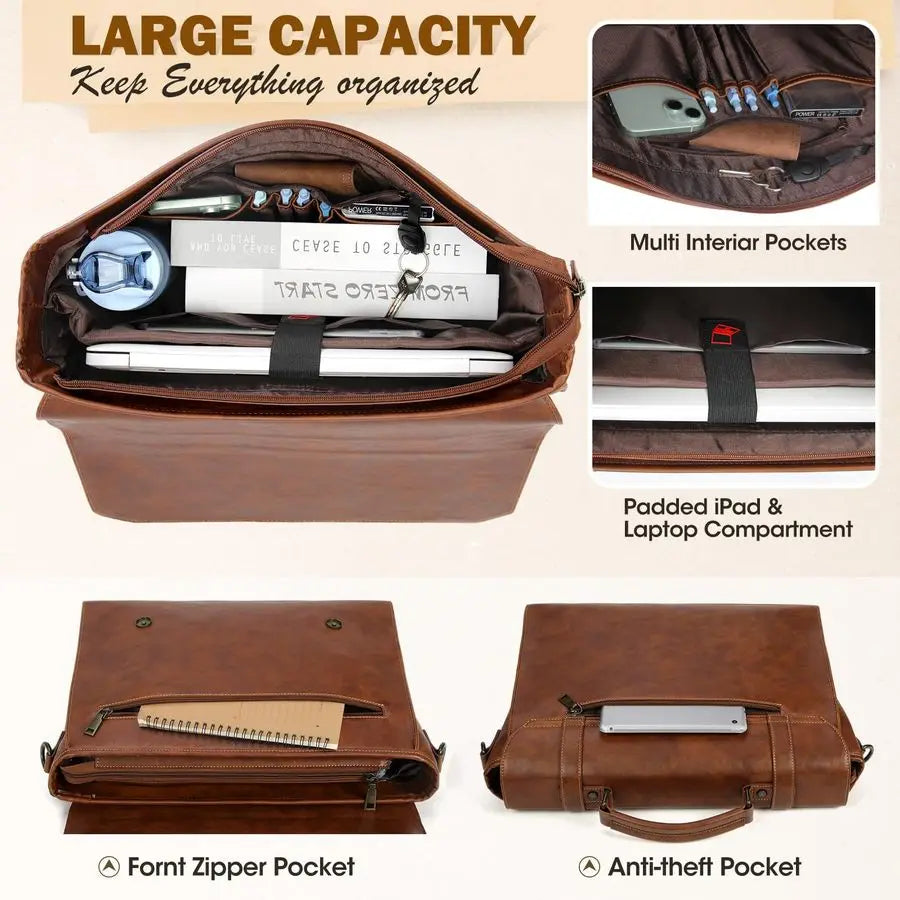 Men's Leather 17 Inch Vintage Briefcase  Laptop Bag