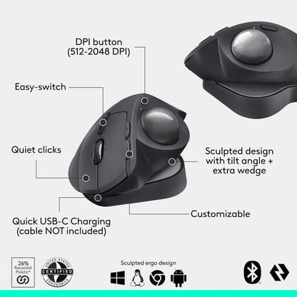 Wireless Ergonomic Trackball Mouse with USB-C Charging