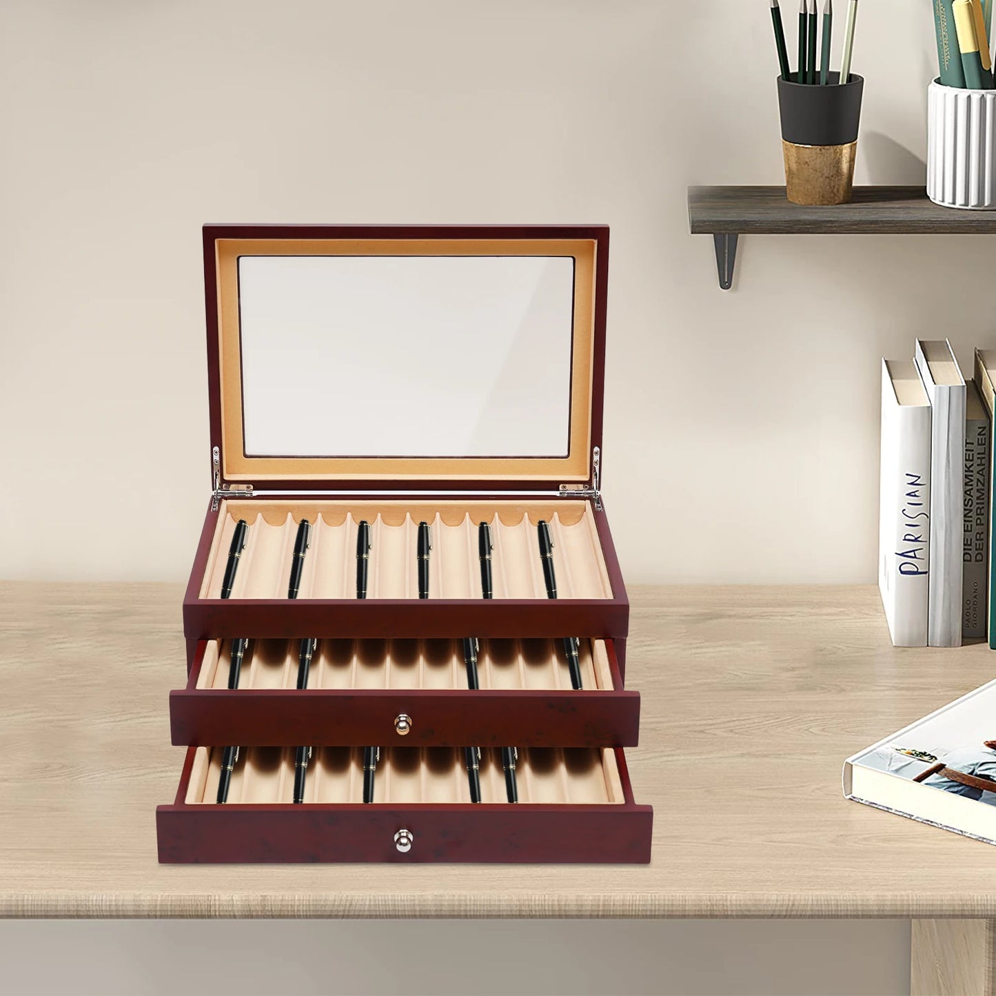 Fountain Pen Wood Leather Storage Case Organizer