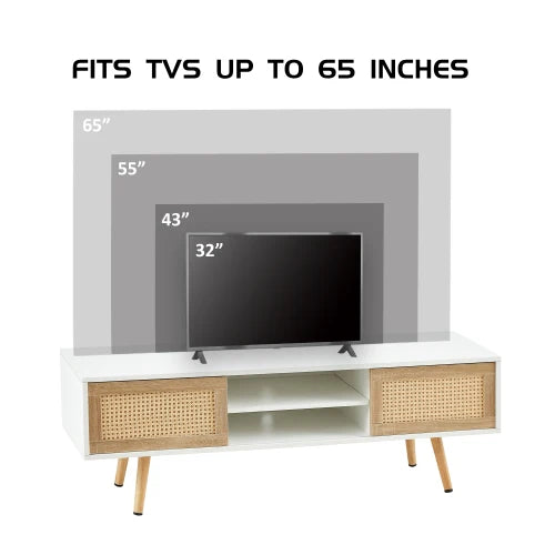 55.12-inch Rattan TV Cabinet Double Sliding Door Storage