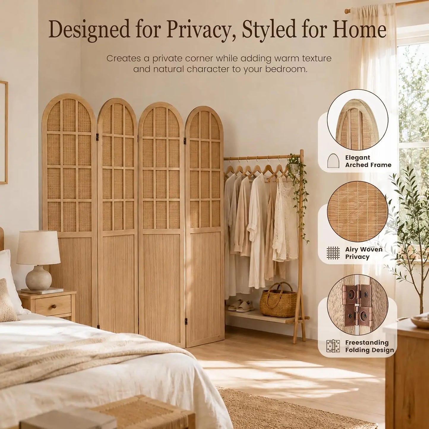 4 Panel  Bamboo Wood Room Divider Privacy Screen