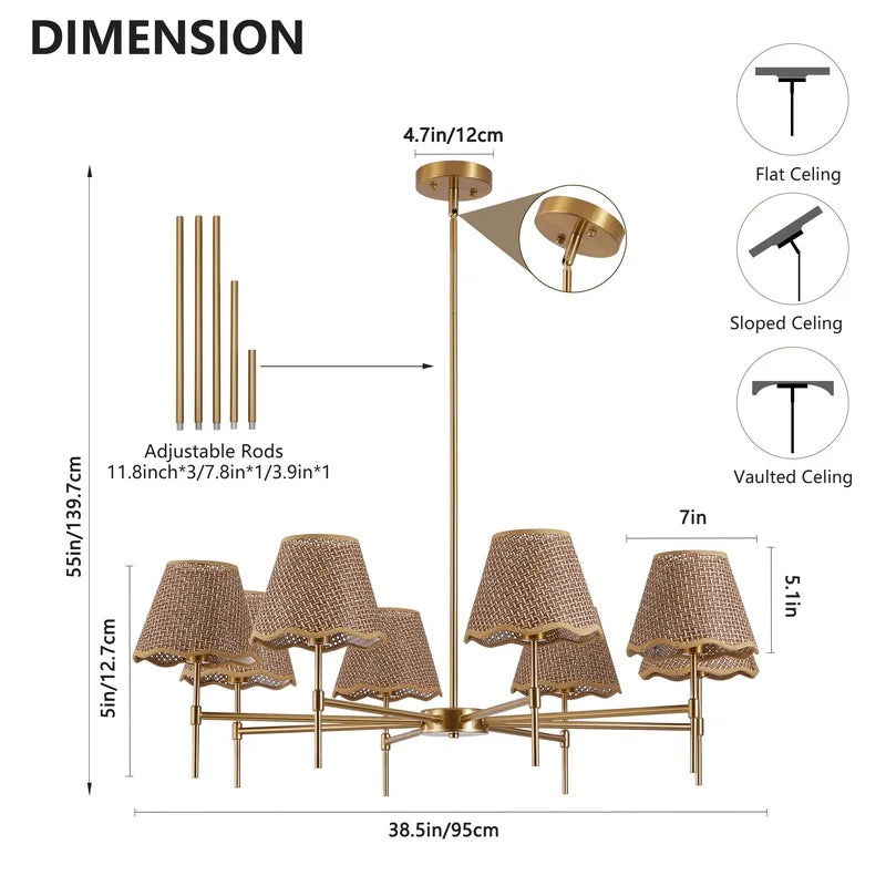 8-Light Boho Rattan Chandelier with Adjustable Height