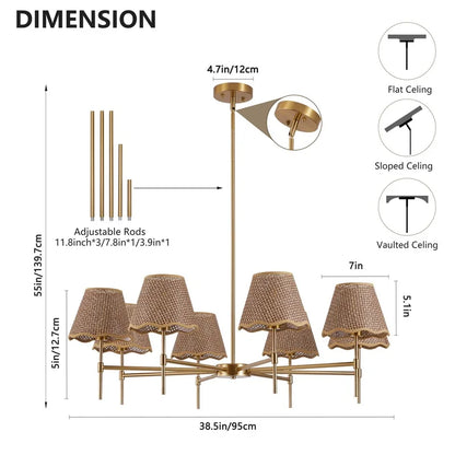 8-Light Boho Rattan Chandelier with Adjustable Height