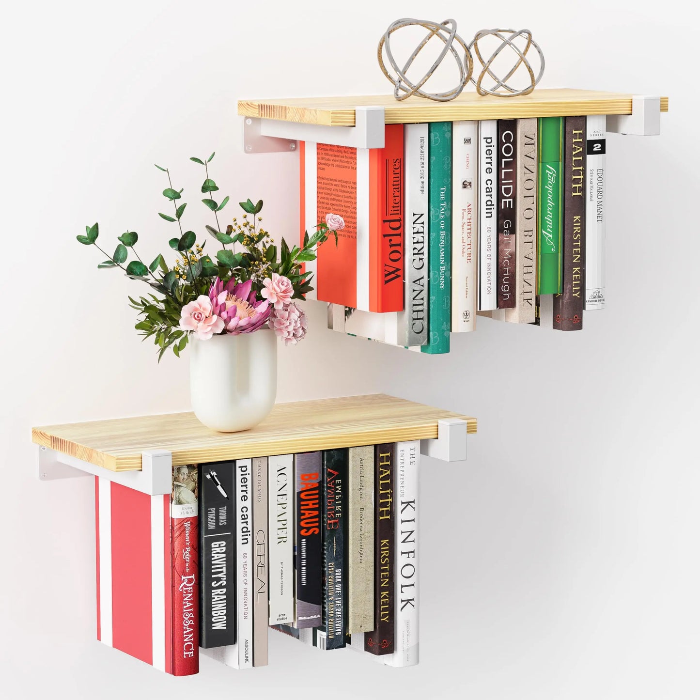 2 Set Floating Bookshelf Pine Wood White Bracket