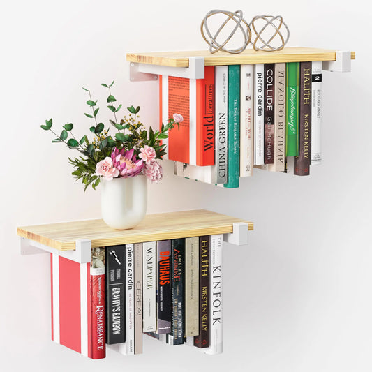 2 Set Floating Bookshelf Pine Wood White Bracket