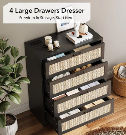 4 Drawer Wooden Rattan Dresser