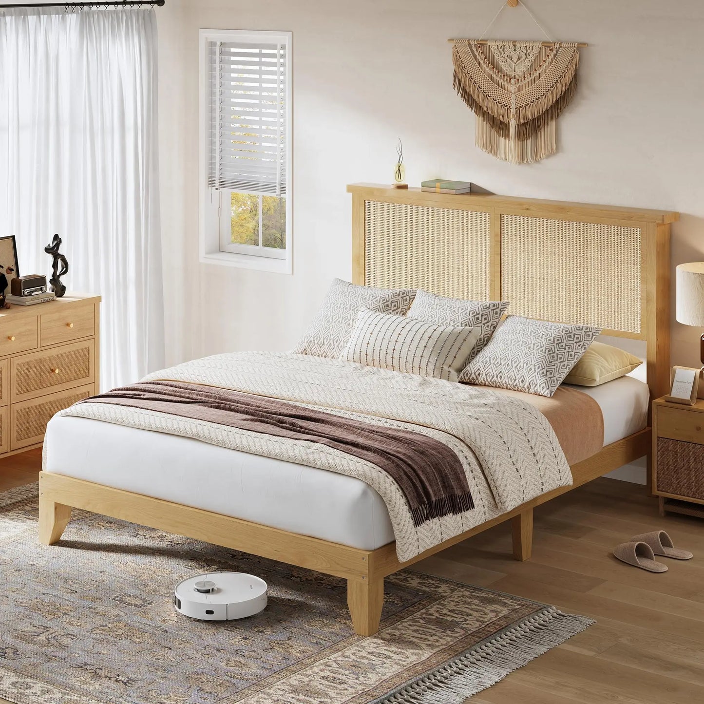 Queen Size Rattan Bed Frame with LED Lights