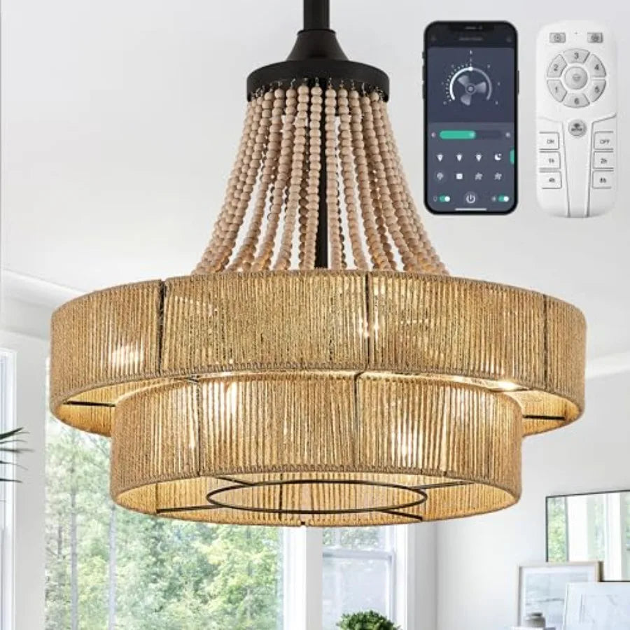 20" Caged Ceiling Fan Boho Rattan Chandelier