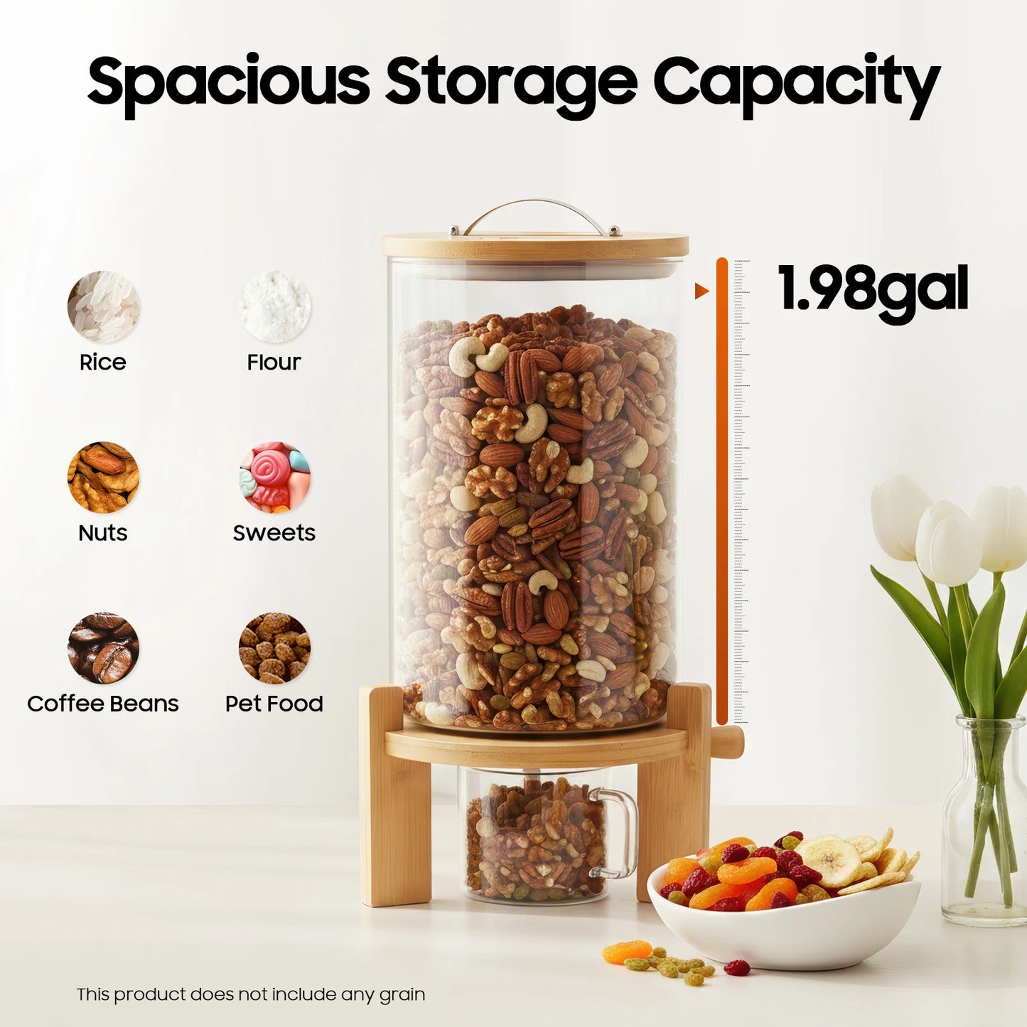 Round Glass Bamboo Cereal Dispenser Storage Container