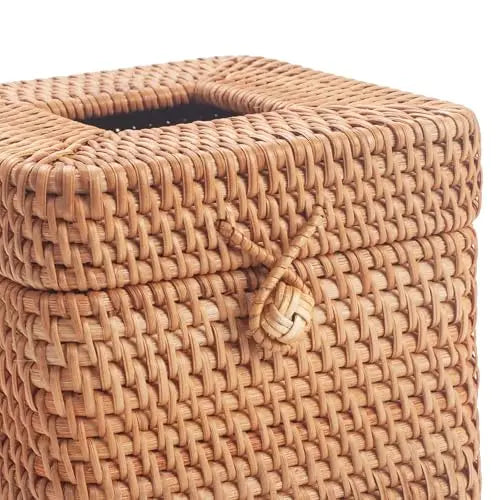 Handwoven Natural Rattan Square Tissue Box With Lid