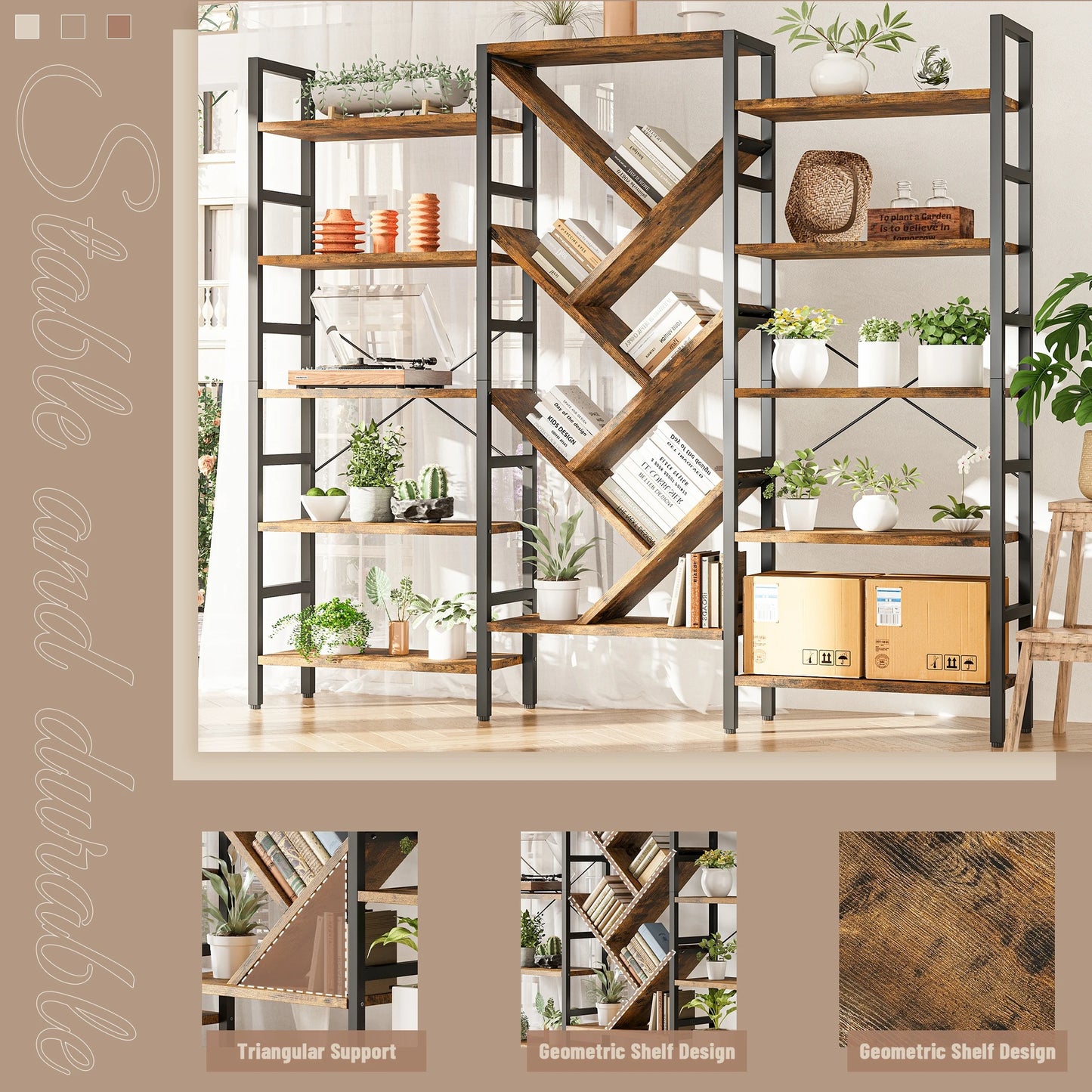 Triple 5 Tier Bookshelf Large Wooden Bookcase