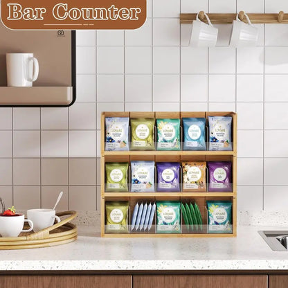 Bamboo Tea Bag Organizer Storage Stackable Box
