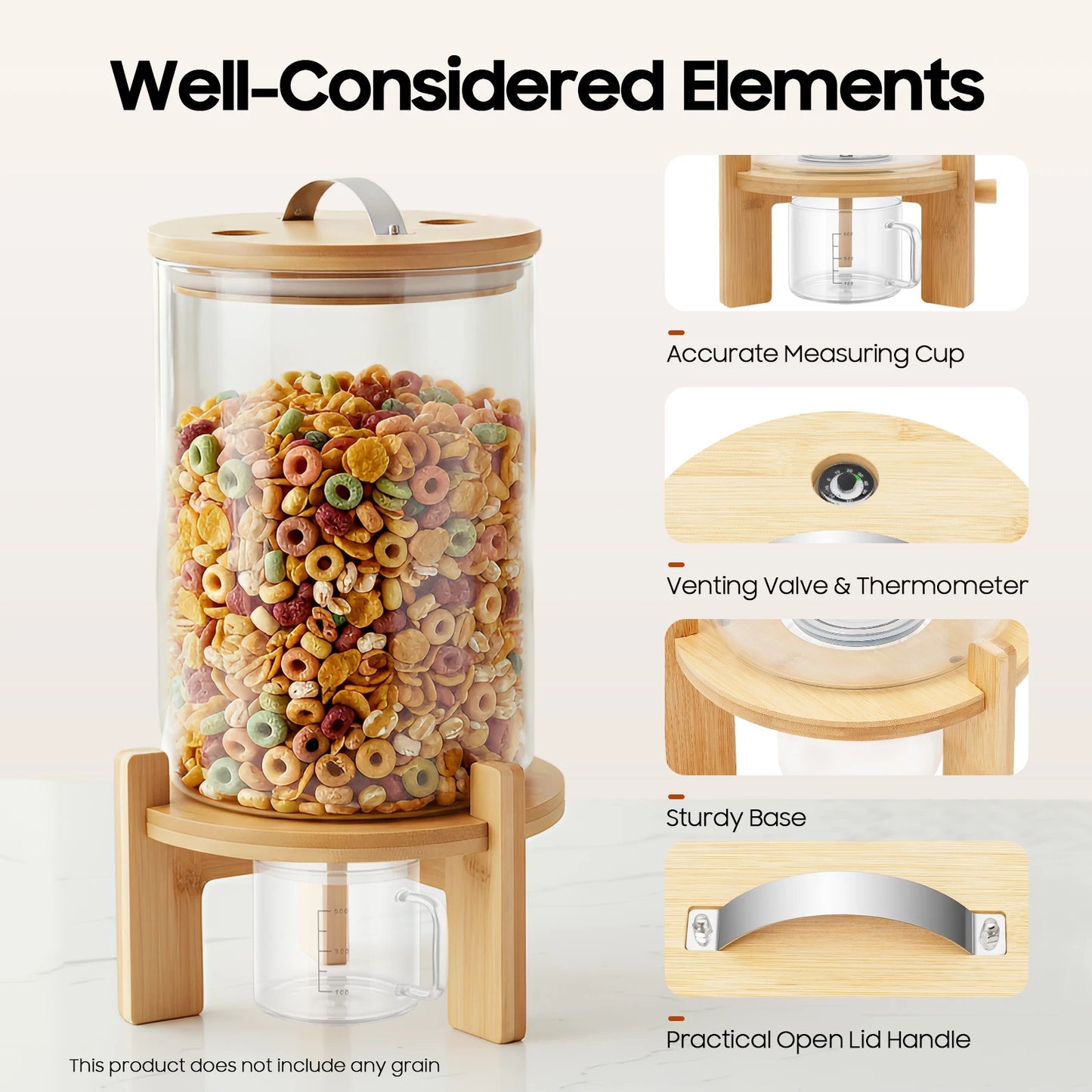 Round Glass Bamboo Cereal Dispenser Storage Container