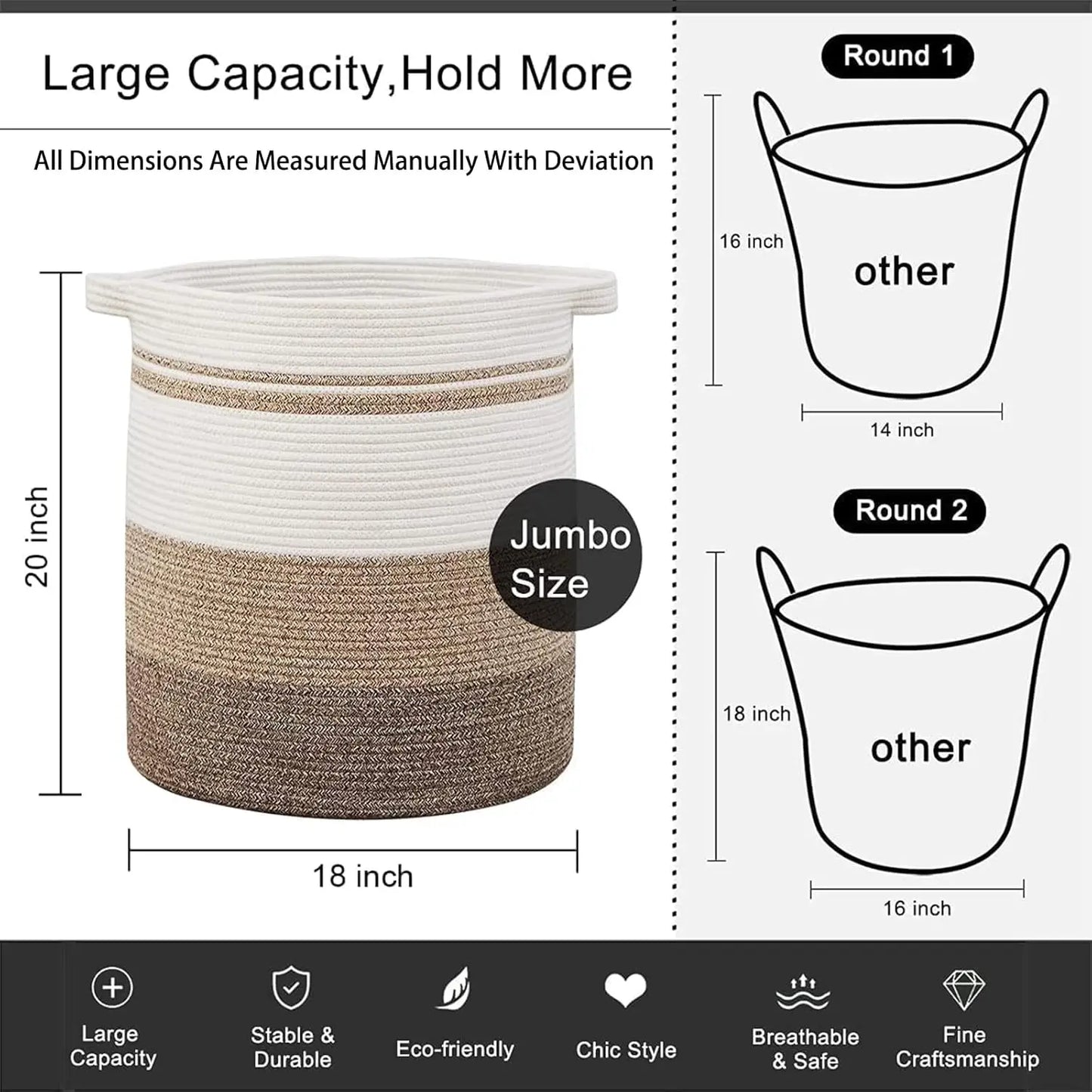 80L Large Woven Laundry Basket with Handles