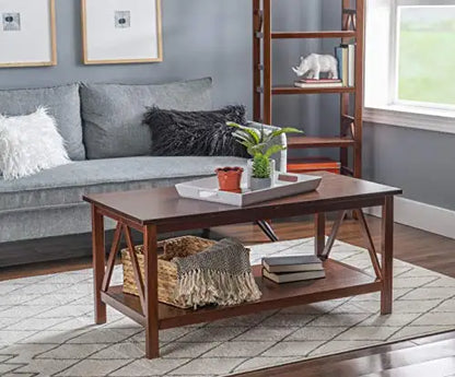 Dark Brown Wooden Coffee Table With X-Frame