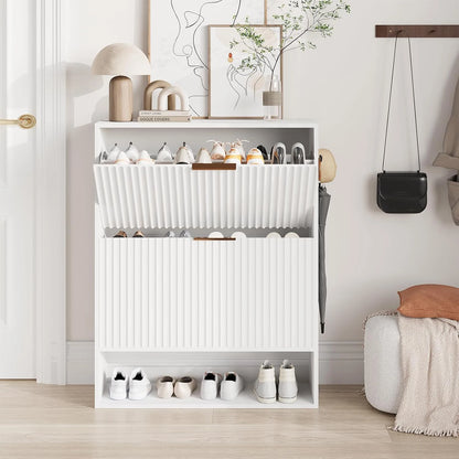 Slim Fluted Shoe Cabinet with 2 Flip Drawers