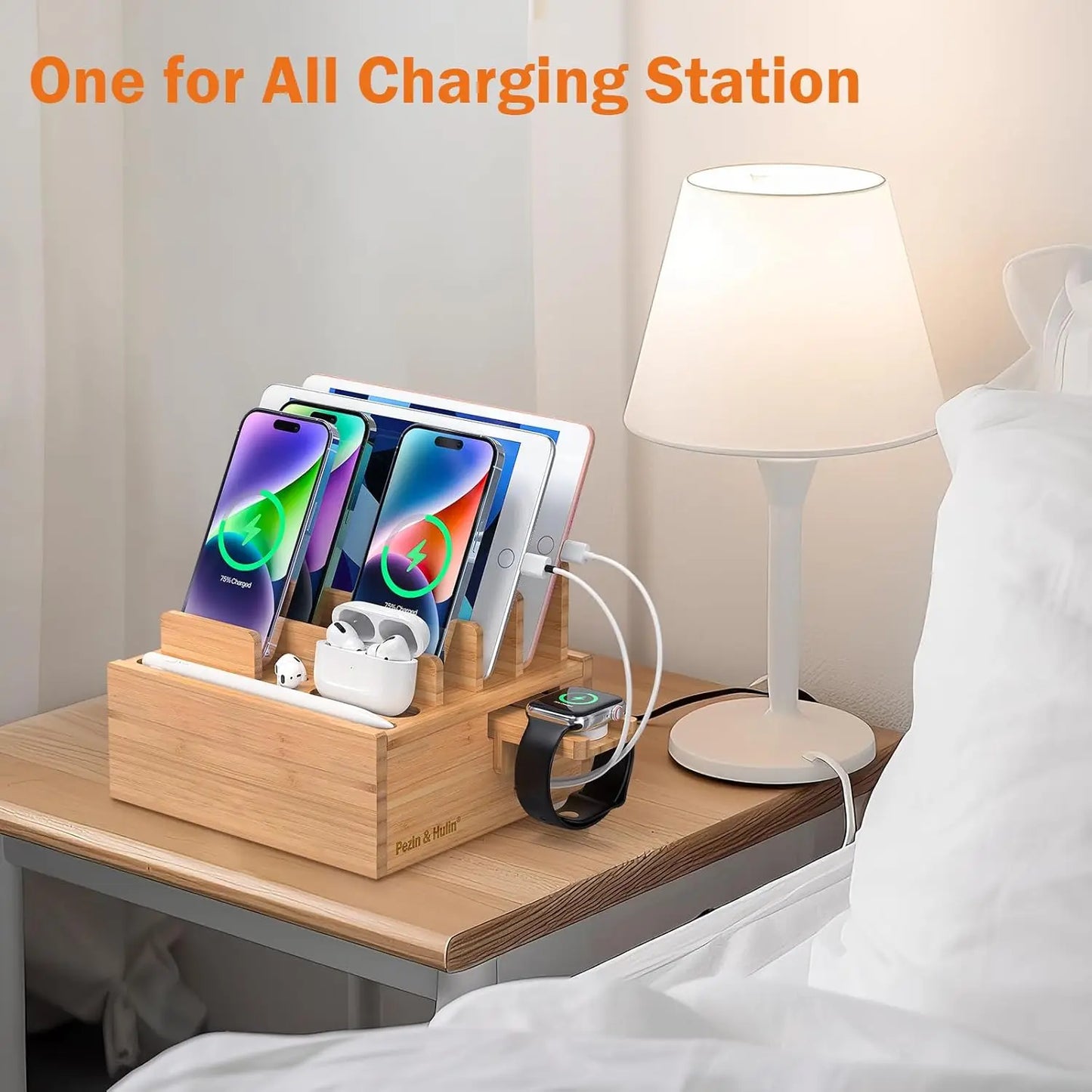 Bamboo Charging Station with 5-Port USB Hub