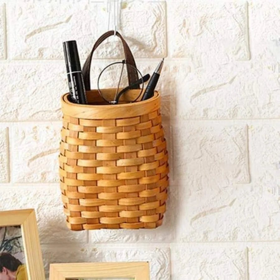 Hand-Woven Wood Storage Basket Wall Hanging