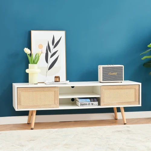 55.12-inch Rattan TV Cabinet Double Sliding Door Storage