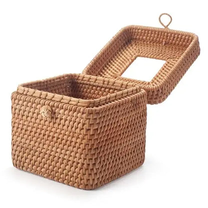 Handwoven Natural Rattan Square Tissue Box With Lid