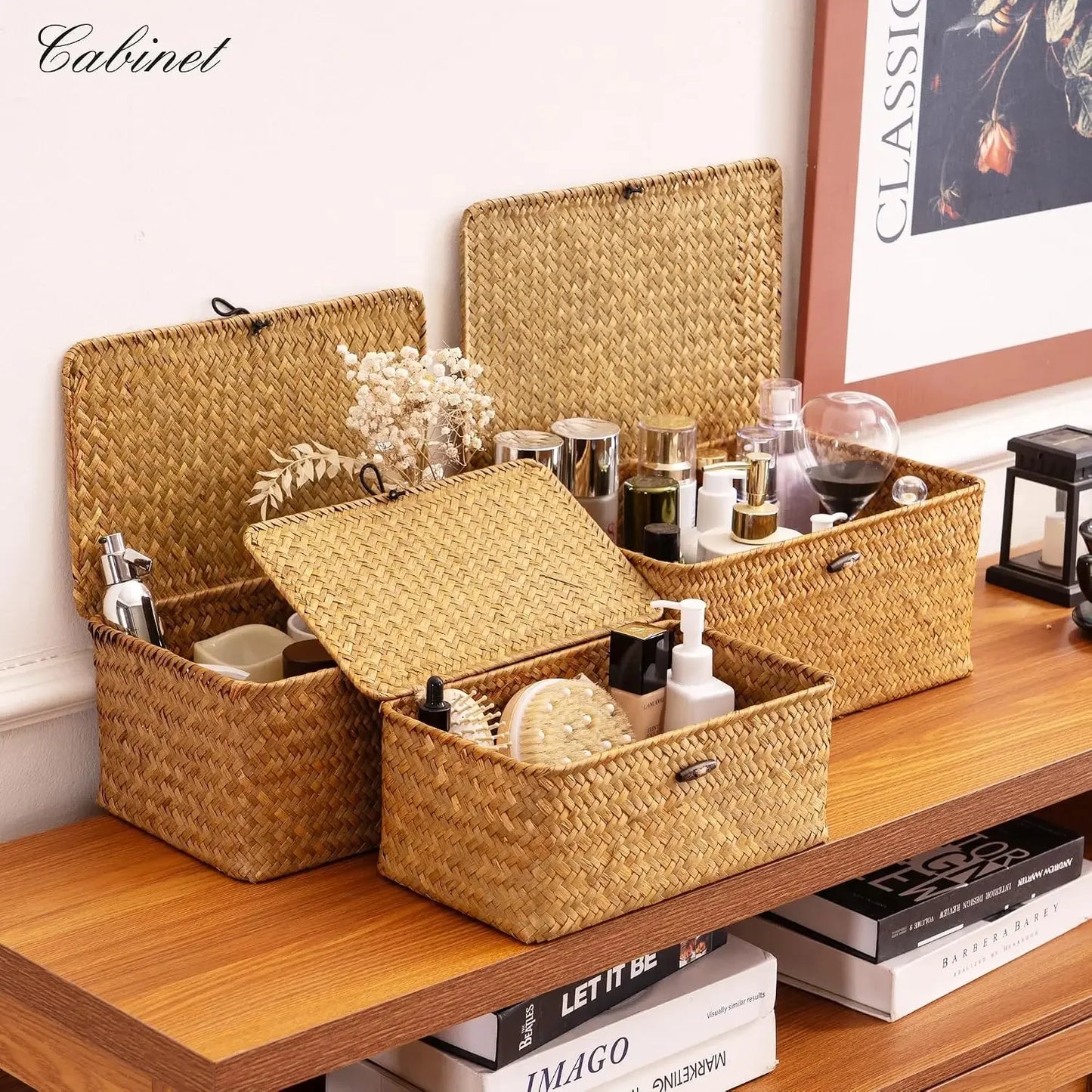 Natural Seagrass Bin with Lid Set of 3
