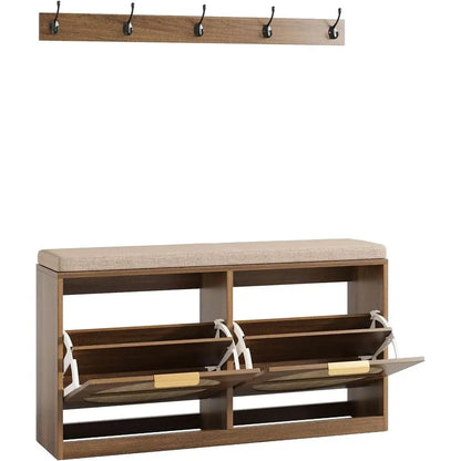 Rattan Entryway Bench with Seat Cushion & Coat Rack
