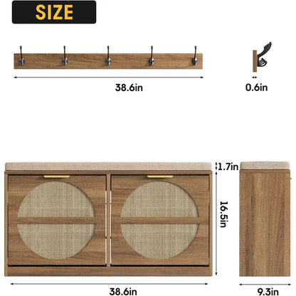 Rattan Entryway Bench with Seat Cushion & Coat Rack
