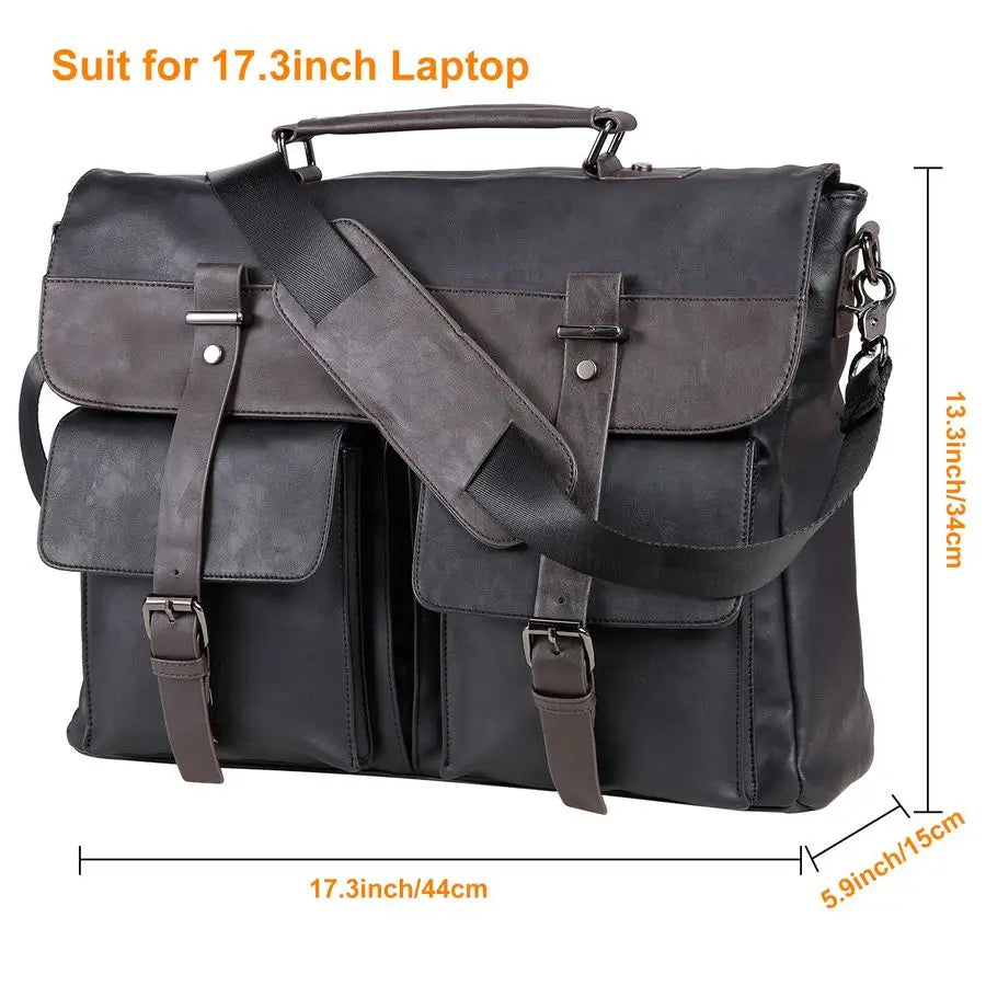 Vintage Black Water Resistant Leather Laptop Bag