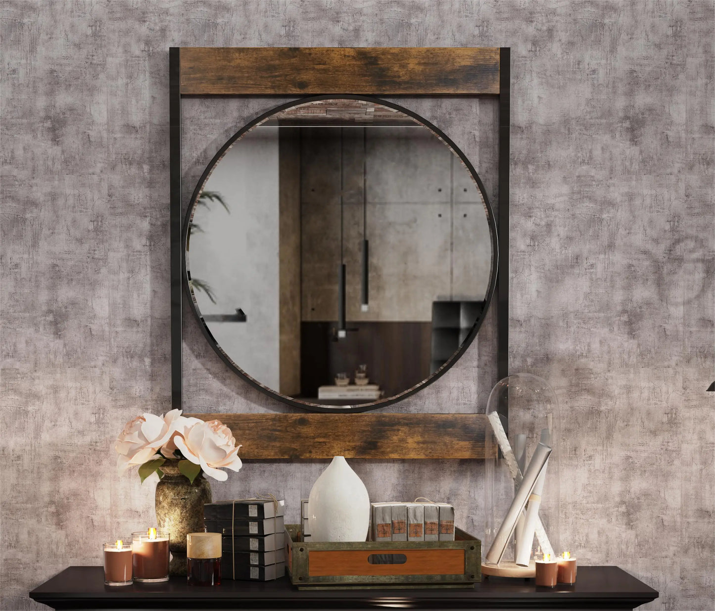 Industrial Metal Wood Frame Wall-Mounted Mirror
