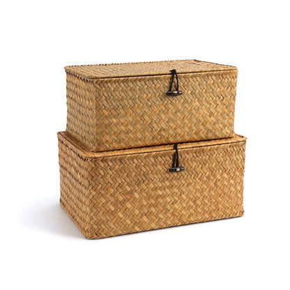 Natural Seagrass Bin with Lid Set of 3