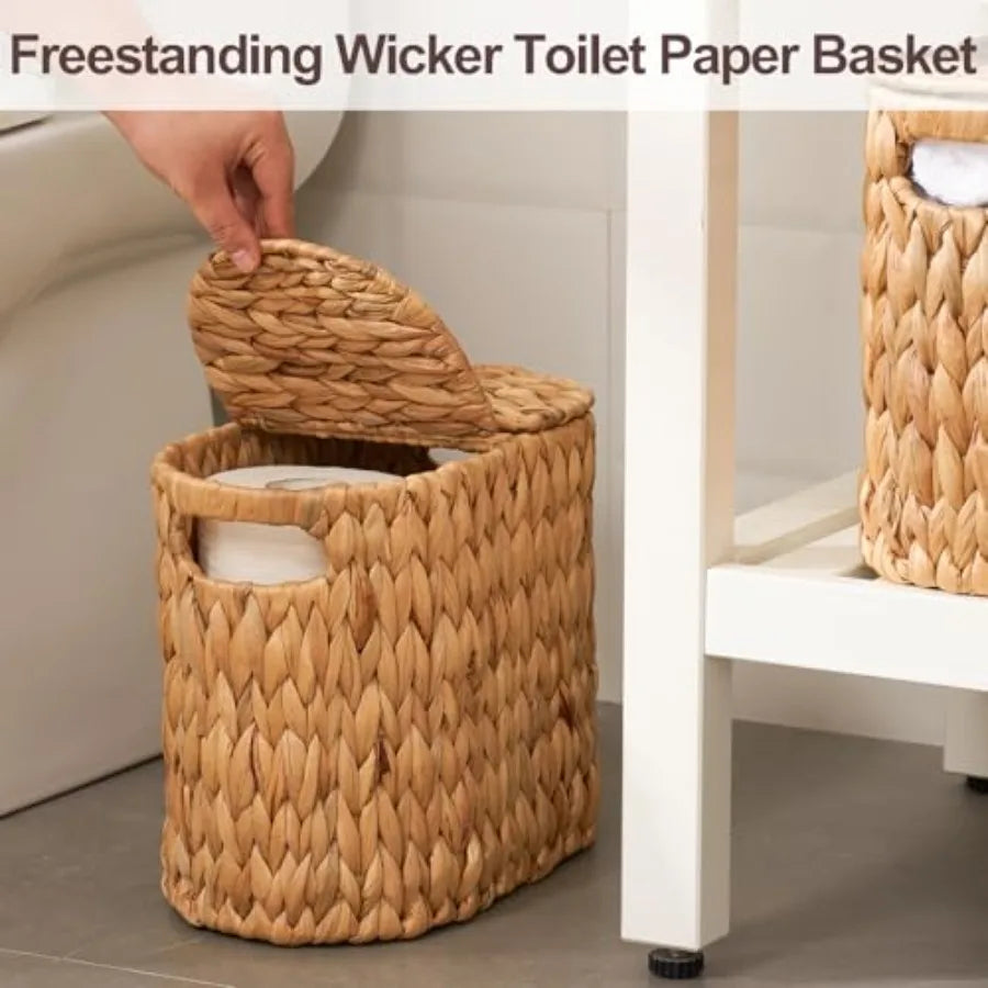 Wicker Toilet Paper Storage Basket with Lid and Handles