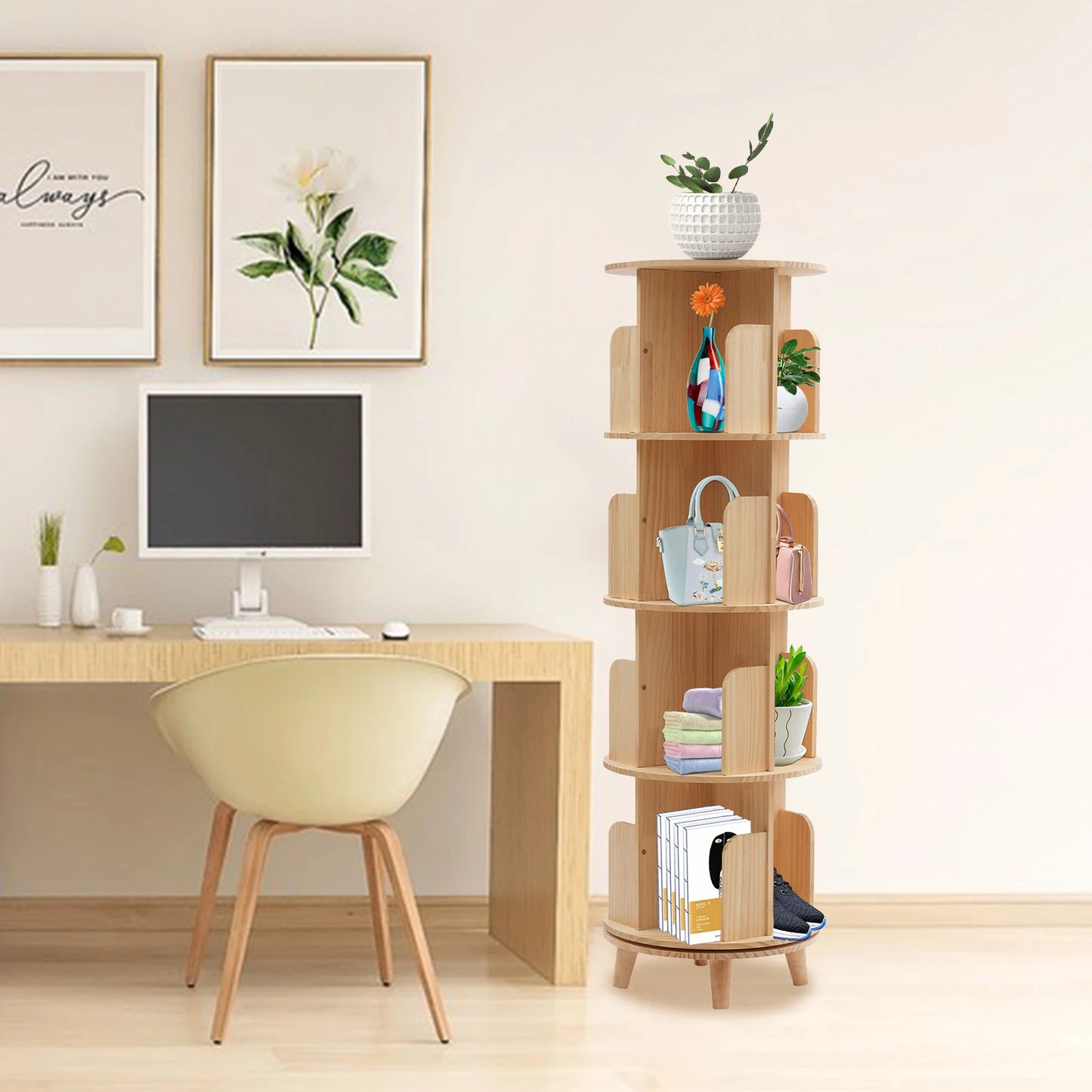 4 Tiers Freestanding Pine Wood Rotating Bookshelf