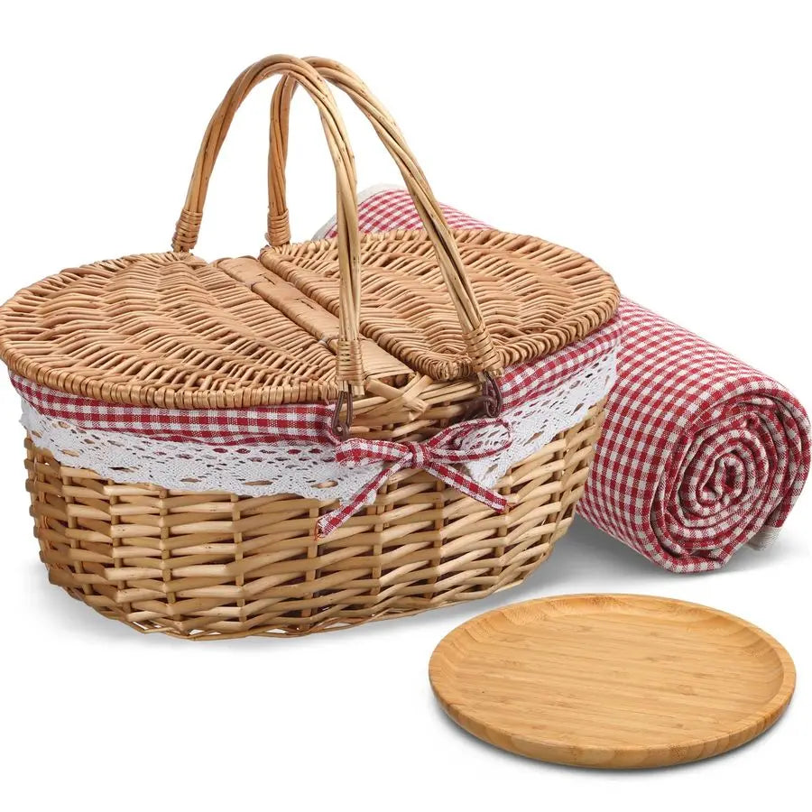 Picnic Basket with Blankets and Bamboo Plates