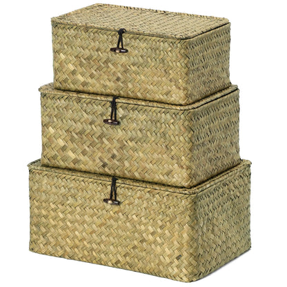Natural Seagrass Bin with Lid Set of 3