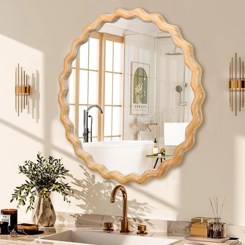 27.5" Round Wavy Mirror with Whitewashed Frame