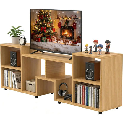 Walnut 65-inch TV Stand with Storage and Open Shelves for Large City Living, Bedroom, or Sofa Area, Easy Assembly